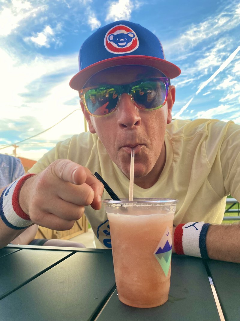 Brian — Fuhs, Cubs hat, frozen drink, front row
